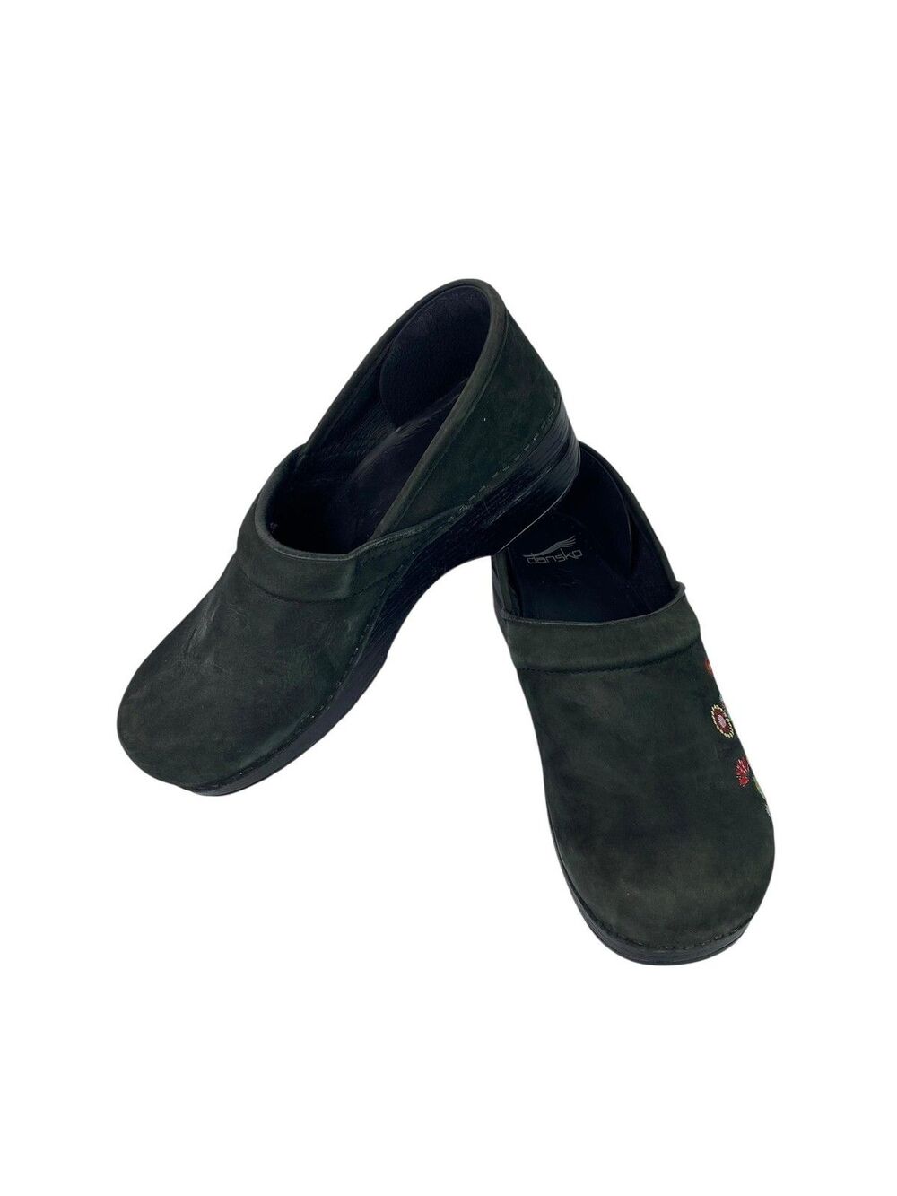 Dansko Shoes Womens Size 10.5 EU 41 Black Embroidered Clogs Floral Nubuck